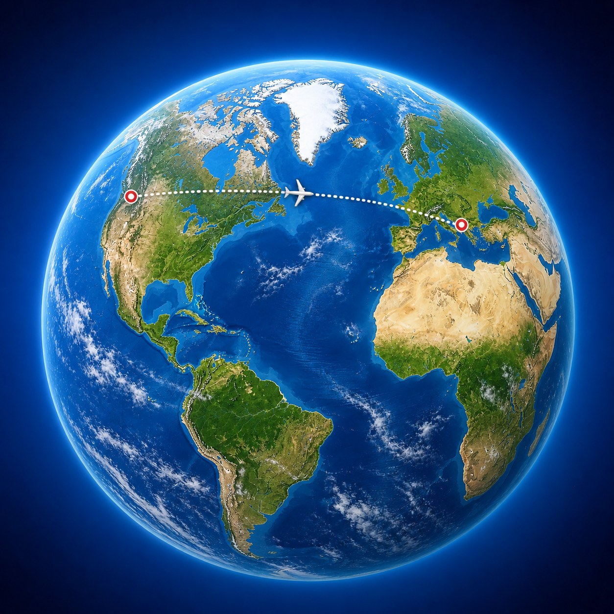 Globe showing the flight path between our two headquarters in Vancouver and Athens